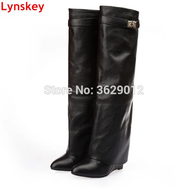 

Lynskey New Stylish Knee High Boots Women Wedge Heel Pointed Toe Lady Motorcycle Boots Height Increasing Woman Boots