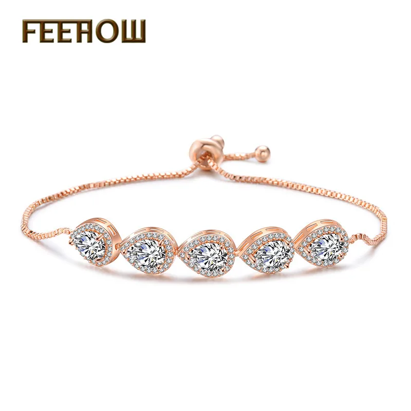 

FEEHOW 2019 New Arrival Fashion Water Drop Cubic Zirconia Adjustable Bracelets & Bangles for Women Jewelry FWBP2094