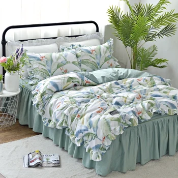 

Tropical leaf plant print bed skirt bedding set 100% cotton duvet covers 3/4pcs king queen full Twin size flower Home textile