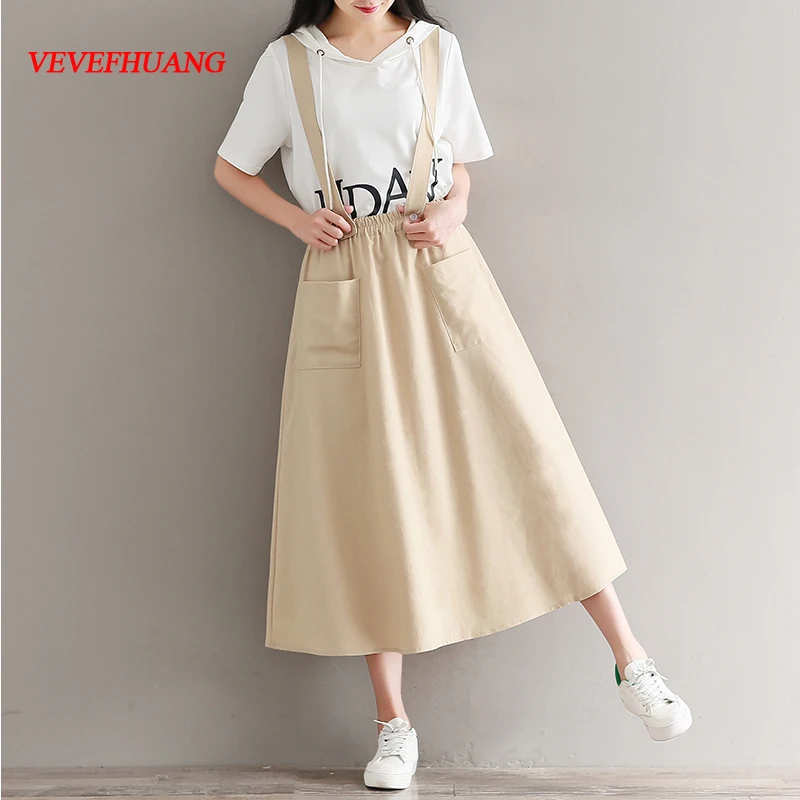 

Mori Girl Literary Long Skirt 2018 New Summer Women Detachable Straps Cotton and Linen Skirts Pockets Apricot Navy Blue Clothes