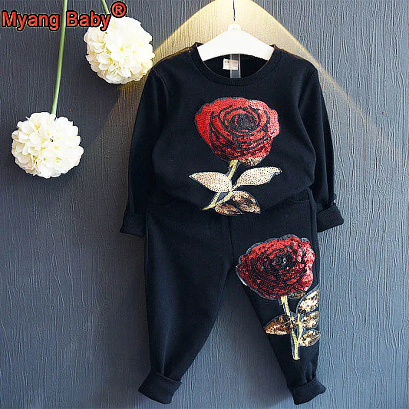 Toddler Baby Girls Embroidery Sequin Rose Tops Pants Outfit Clothes Set