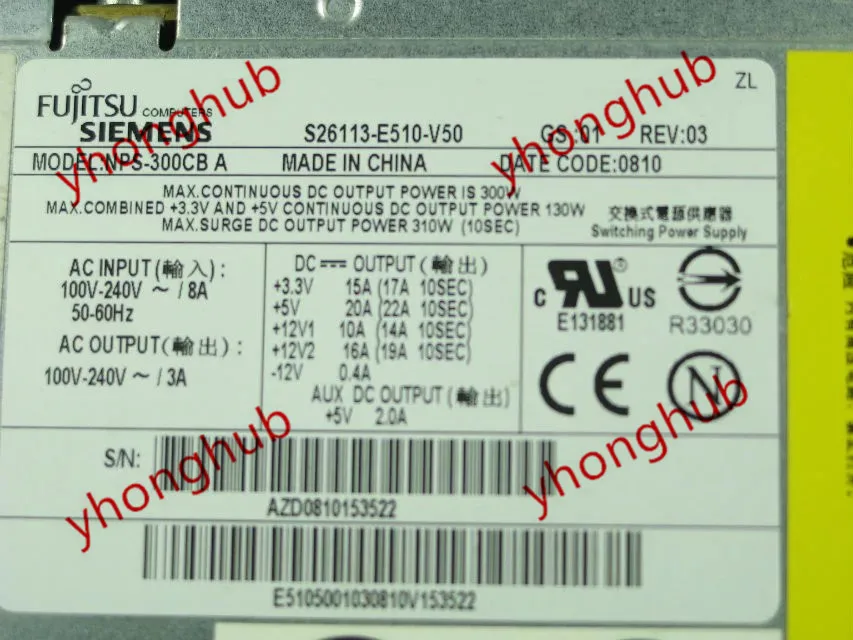 Emacro пункт сервер Питание 300 Вт PSU для служить NPS-300CB A S26113-E510-V50