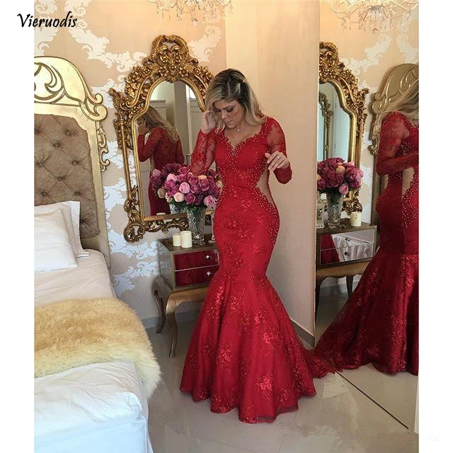 50-1              Red 2019 Prom Dresses Mermaid V-neck Long Sleeves Pearls Lace Sexy Party Maxys Long Prom Gown Evening Dresses Robe De Soiree