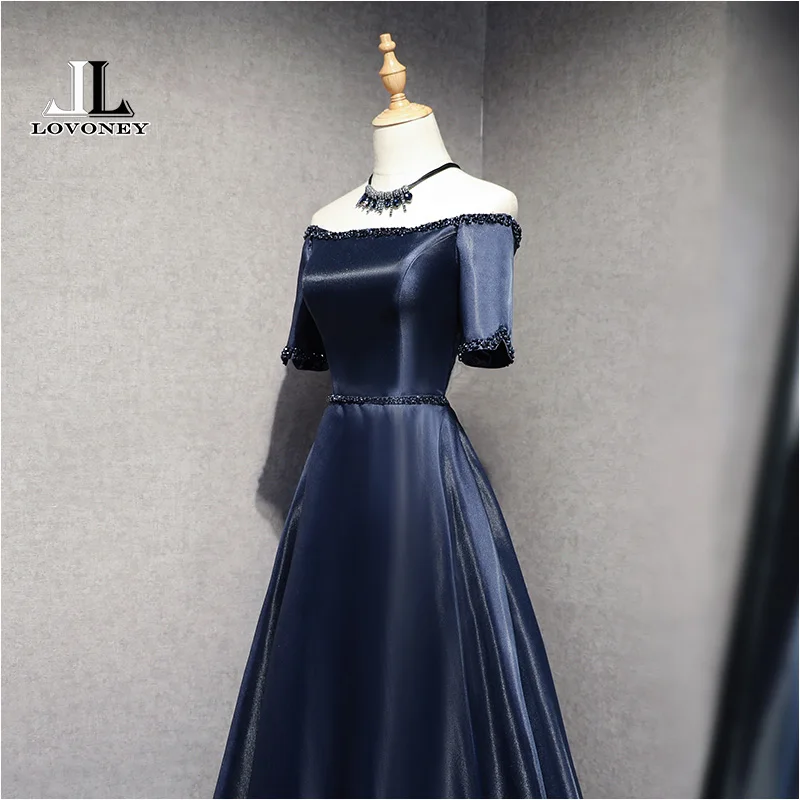 LOVONEY Elegant Beading Evening Dresses Long Boat Neck Short Sleeve Satin Formal Party Dress Evening Gown Robe De Soiree XYG703