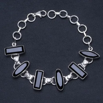 

Natural Black Onyx and White Topaz 925 Sterling Silver Bracelet 6 1/4-7 3/4" P2261