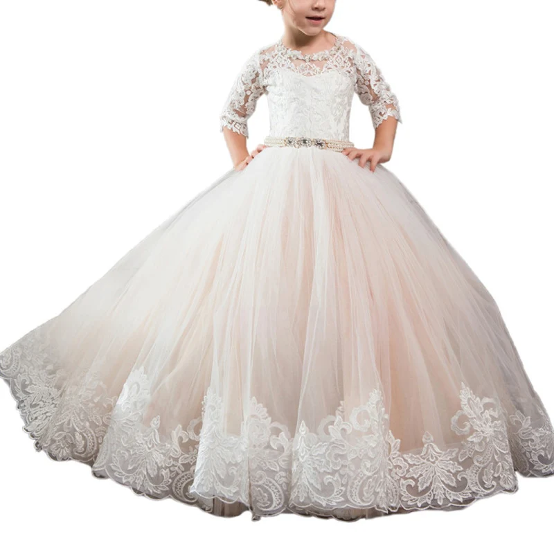 

champagne girls dress with sleeves kids ball gown robe petite fille vestido fantasia infantil para menina little girls dress