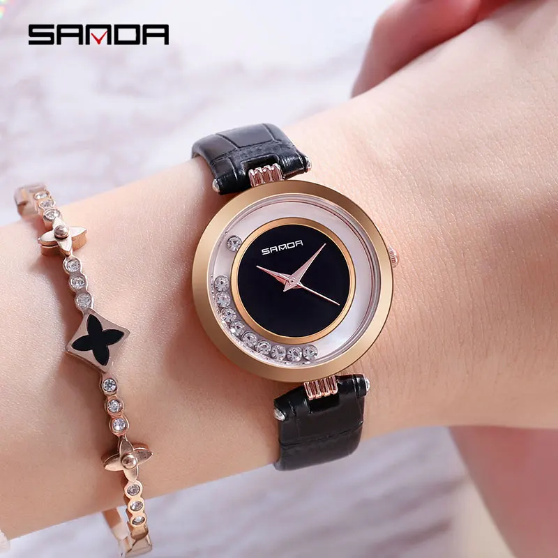 

2019 SANDA Simple Rhinestone Watches Women Fashion Dress Ladies Wristwatch Small Bracelet Leather Female Clock relogio feminino