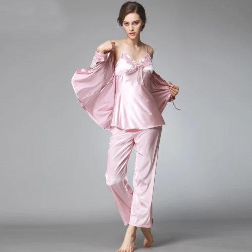 SSH036 Женская шелковая атласная пижама, женский сексуальный пижамный комплект из 3 предметов, одежда для сна с v-образным вырезом, топ с длинными рукавами, длинные штаны, осенняя одежда для сна - Цвет: Fuchsia