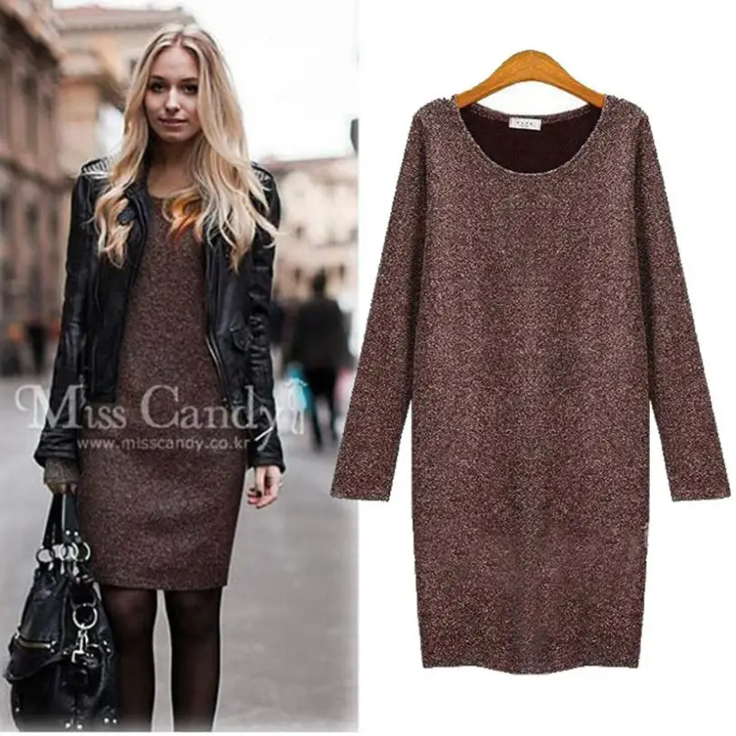 

Plus Size Long Sleeve Knitted Winter Dresses Slim O-neck Package Hip Woolen Coffee Black Casual Dress Women Bodycon Dress M-5XL