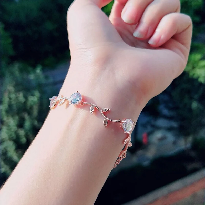 Rose Gold Color Leaf Chain &amp Link Bracelet With White AAA Zircon For Mother Gifts Jewelry | Украшения и аксессуары