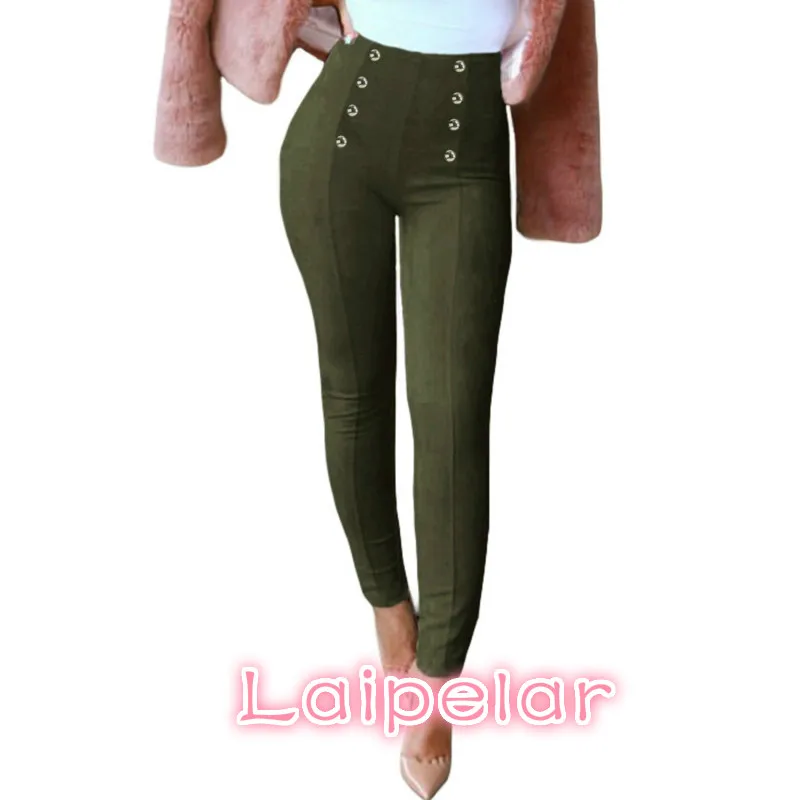 Пикантные Для женщин тонкий Faux Suede Pants Push Up брюки Твердые кнопки боковой молнией элегантные Фитнес узкие брюки-карандаш Pantaloni Donna