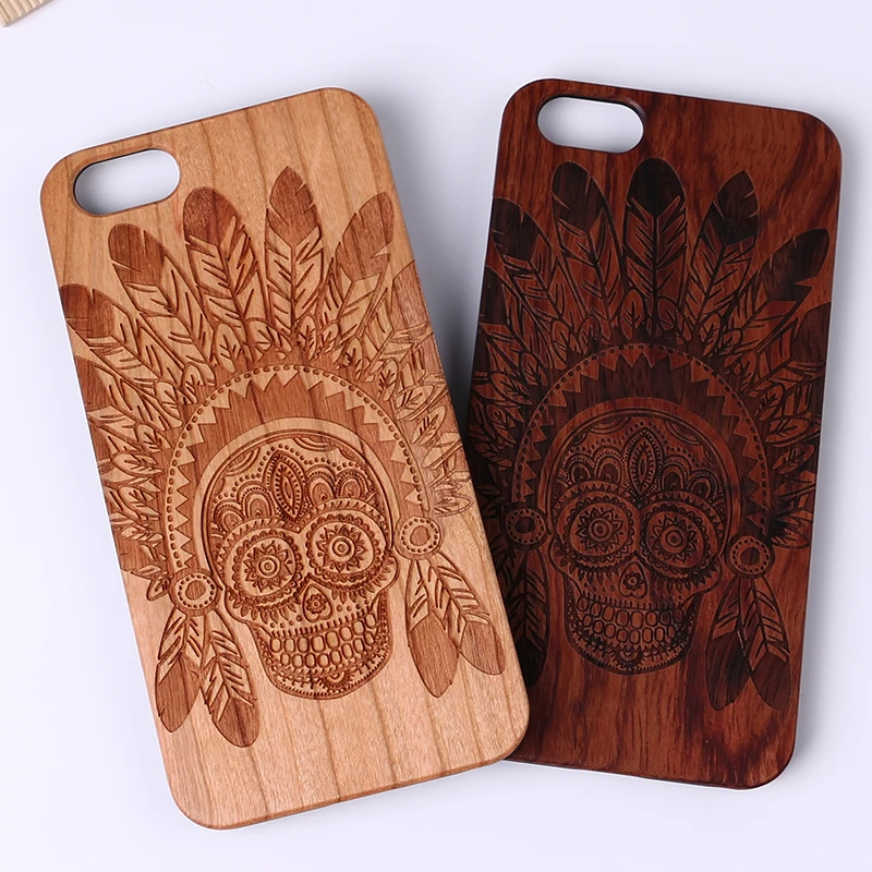 

For iPhone 6S 6Plus 7 7Plus 8 8Plus XS Max SAMSUNG Galaxy S9 S7 Edge Skull Tribal Indian Mandala Laser Engraved Real Wood Case