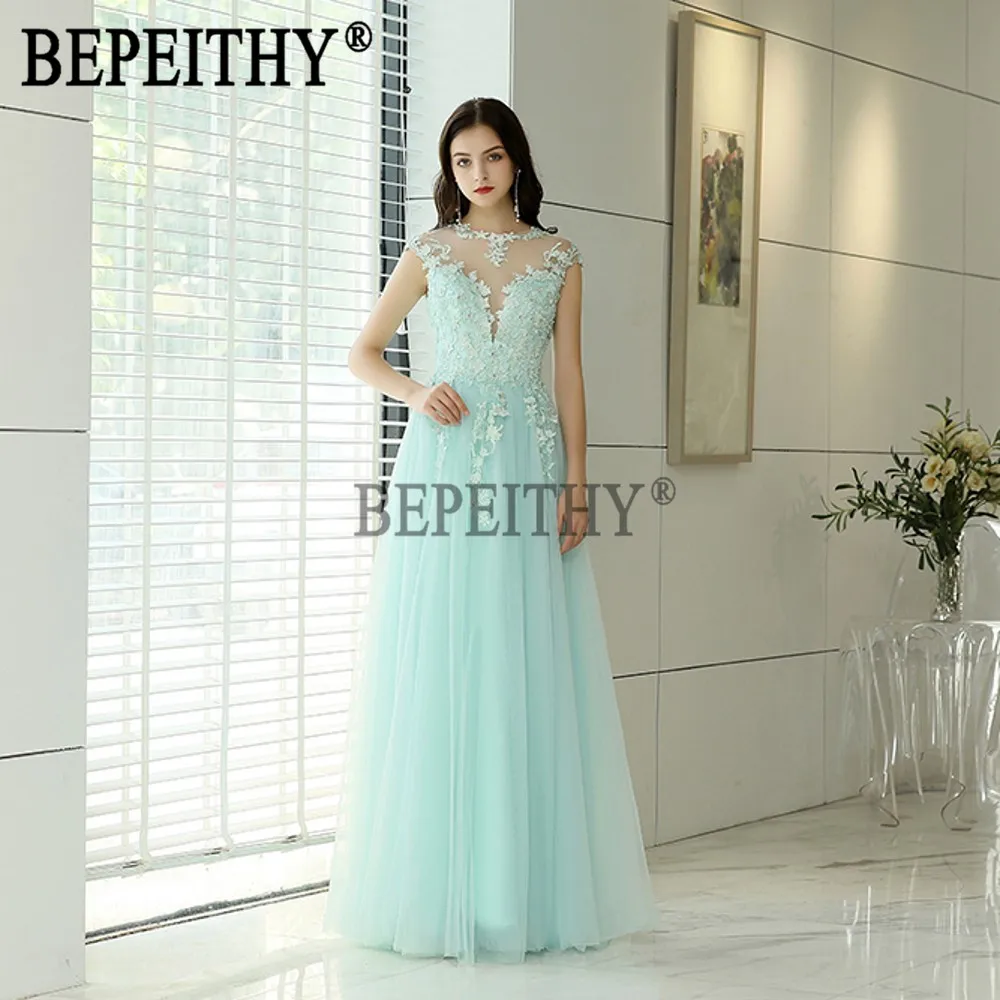 BEPEITHY vestido de festa новый дизайн с высоким воротом короткий рукав Тюль Аппликации Длинные вечерние платья 2019 новое поступление