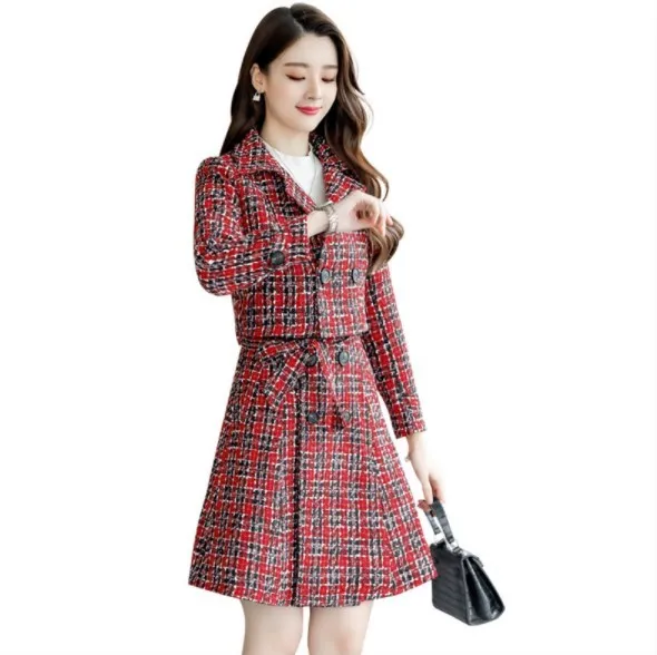 

Woman Tweed Dress Suit Black Red Plaid Short Jacket and Dresses 2 Piece Set Outfits Clothes for Women Two Piece Set Office Suits
