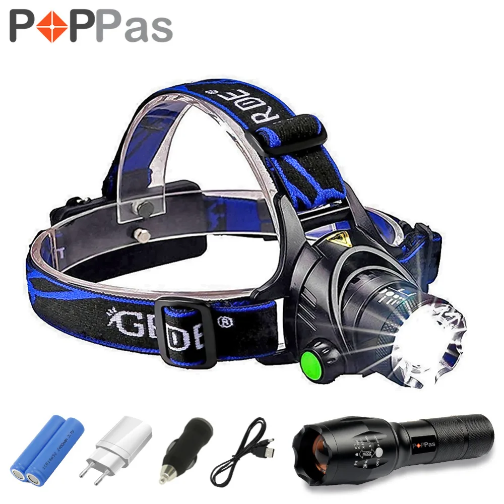 

LED CREE XM-L T6 L2 Chips Headlight Headlamp Rechargeable Zoom Head Light Lamp 2x18650 Battery+Car Charger+DC Charger Flashlight