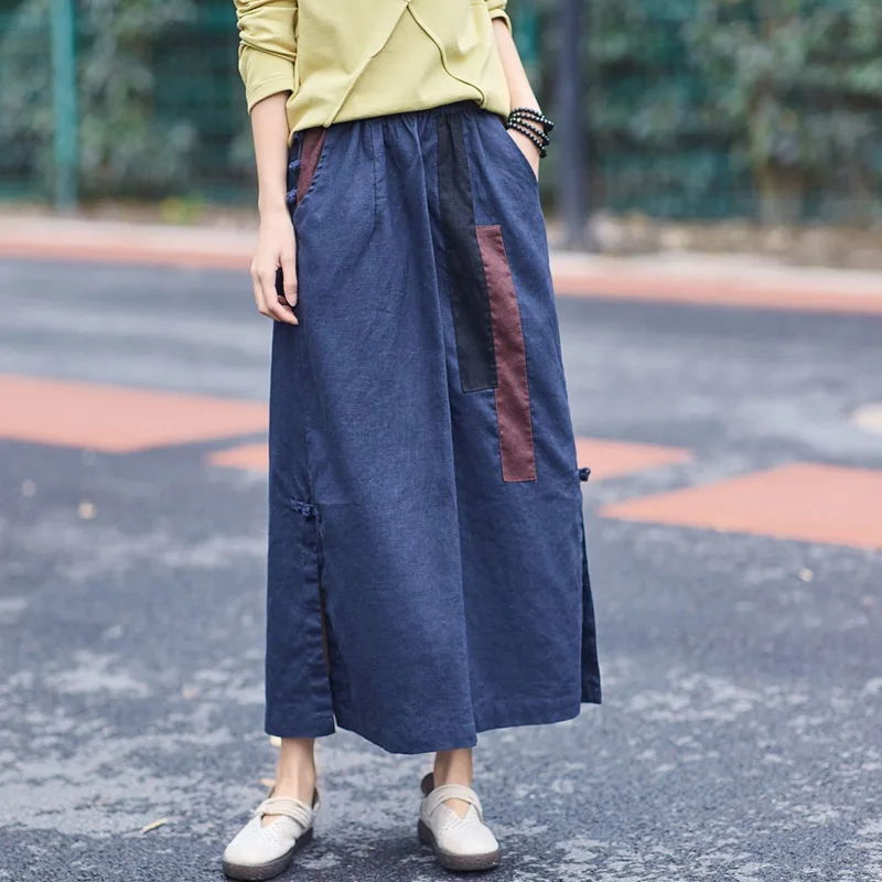 Модный пэчворк длинные стороны Открытие для женщин прямые хлопчатобумажная льняная юбка, мода лето цвет Конструкторы Patched леди юбки карандаши