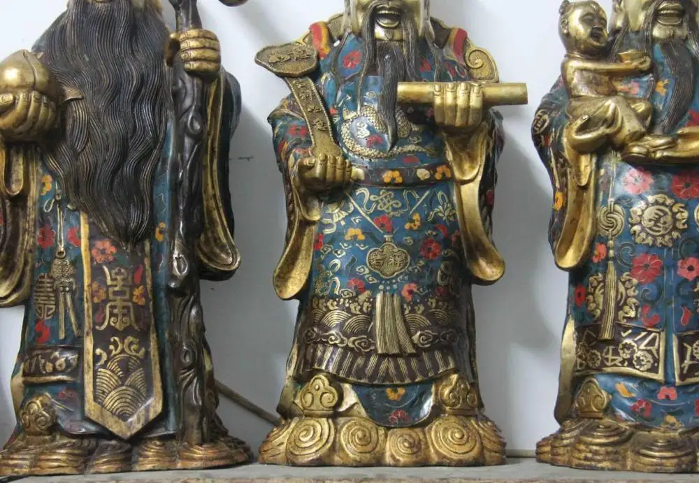 Китайский медный Бронзовый Cloisonne три долговечности Fukurokuju Бог удача Будда набор