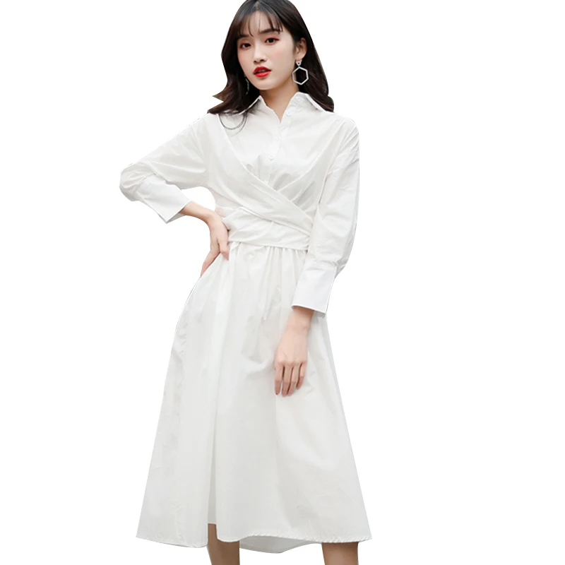 GALCAUR Корейская белая стягивающая рубашка, платье для женщин с высокой талией, с отворотом, с длинным рукавом, средней длины, Женская Весенняя мода, новая одежда