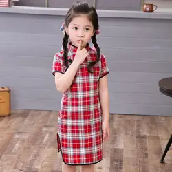 Хлопковое платье для маленьких девочек; традиционная китайская одежда в клетку для девочек; платья Ципао; Летние Детские платья Чонсам;