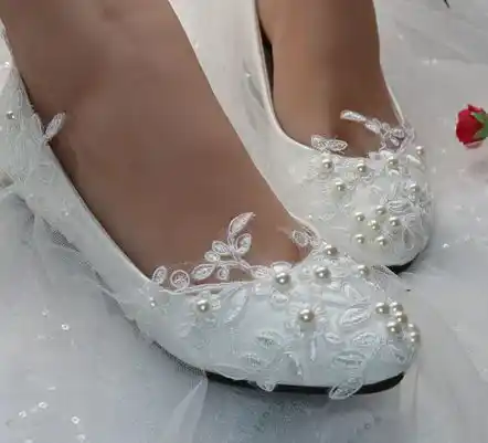 White Lace Ivory Pearls Bridal Flats Shoes Woman Female Fashion
