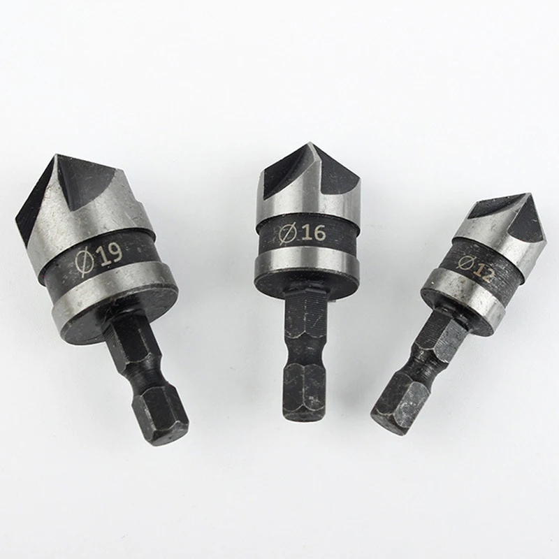 3Pcs 90 Degree Hex Handle Drill Bit Set Chamfering Cutter Drilling For Metal Wood Woodworking 12/16/19mm Five-Blade Chamfer Tool 3Pcs 90 Degree Hex Handle Drill Bit Set Chamfering Cutter Drilling For Metal Wood Woodworking 12/16/19mm Five-Blade Chamfer Tool