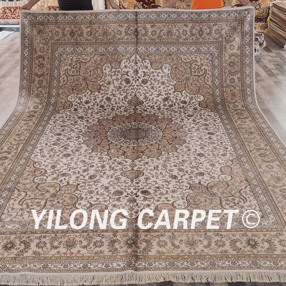 Yilong 9'x12' персидский шелковый ковер бежевый античный турецкий ручной работы