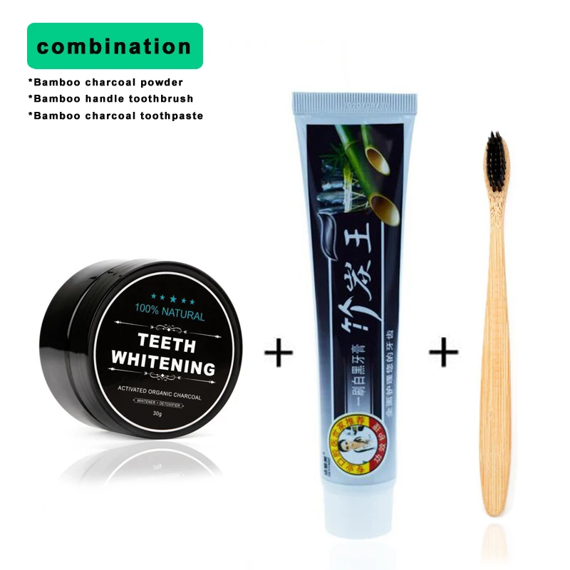 

3 in 1 Teeth Whitening Set Bamboo Charcoal Powder Strong Formula Whiten Toothpaste Toothbrush for Oral Hygiene Cleaning