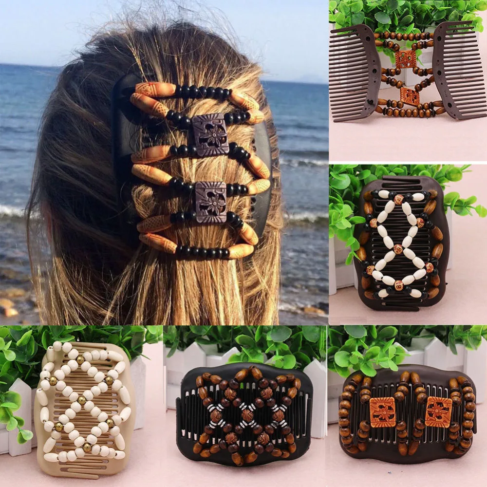 New Easy Magic Wood Beads Double Hair Comb Clip Stretchy Women Hair cliphair