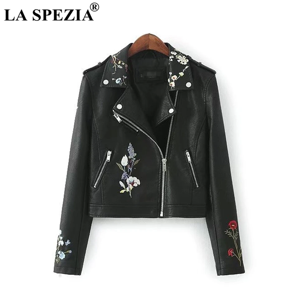 LA SPEZIA Leather Jacket Women Pink Motorcycle Short Coat Female Biker Embroidered Flower Cool Zipper Pockets Autumn Punk Jacket