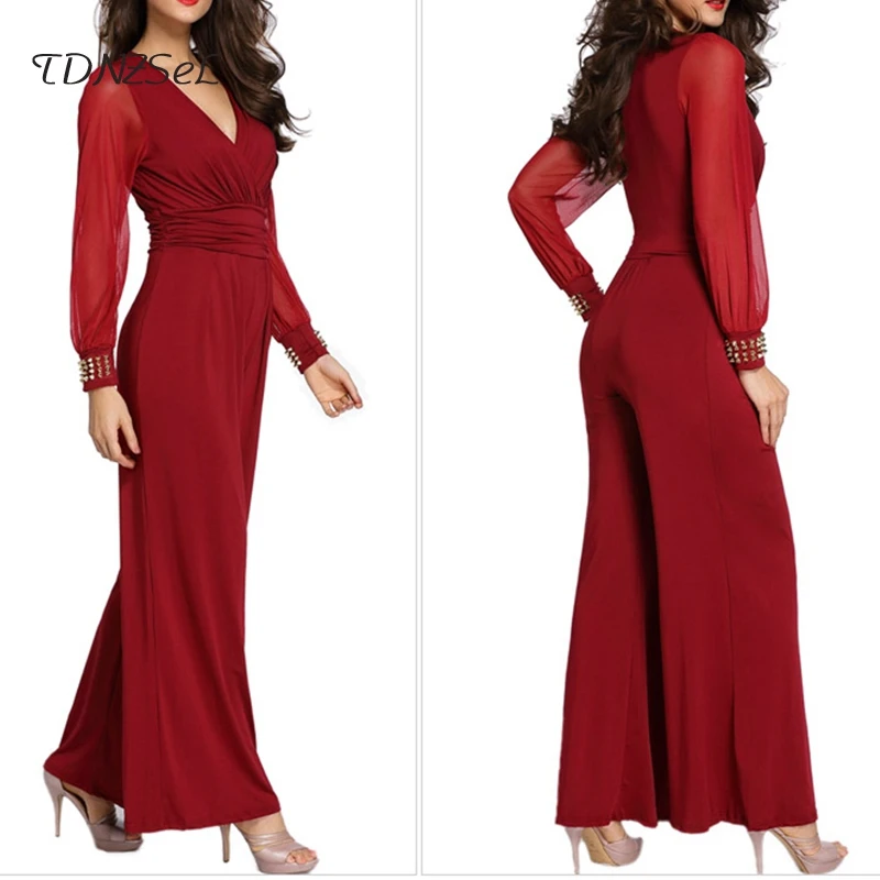 Overalls Women Mesh Black High Waist V Bodysuit Long Rompers Deep Rivet Loose Solid Patchwork Casual blue Wide Jumpsuits Sleeve Summer burgundy Leg fUx5qdwU