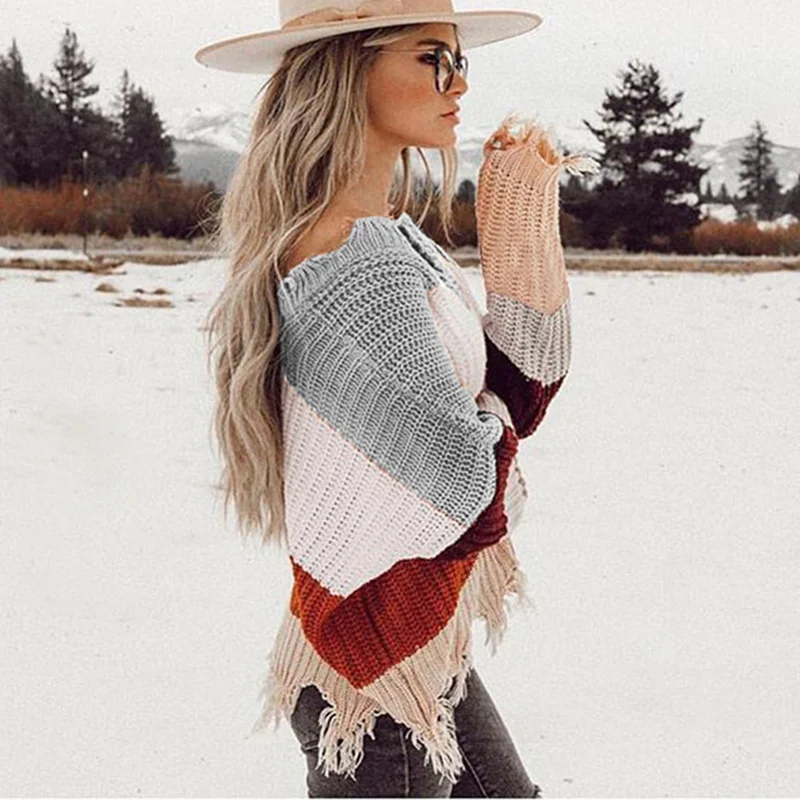 Rainbow Sweater Women Ripped V Neck Pullover and Sweater Long Sleeve Striped Autumn Knit Sweater