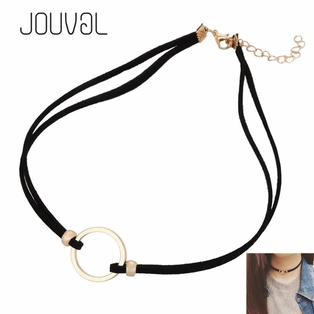 JOUVAL 2017 Black Suede Leather Choker Necklace Double Rope Chain Metal