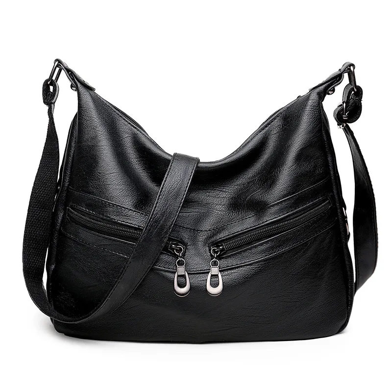 Женские сумки через плечо из искусственной кожи, дизайнерские сумки Хобо на плечо, высококачественные женские сумки-мессенджеры с двойной молнией - Цвет: Black