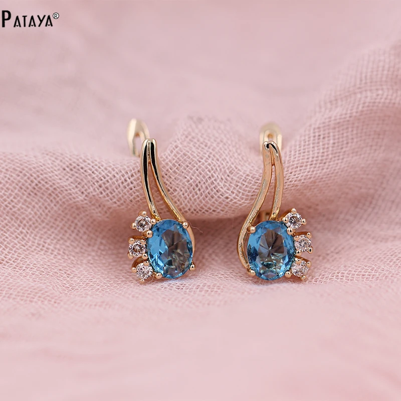 

PATAYA Blue Oval Earrings Women Crystal Earrings CZ White Zircon Earrings Studs Cheap Fashion Vintage Accessories Jewelry