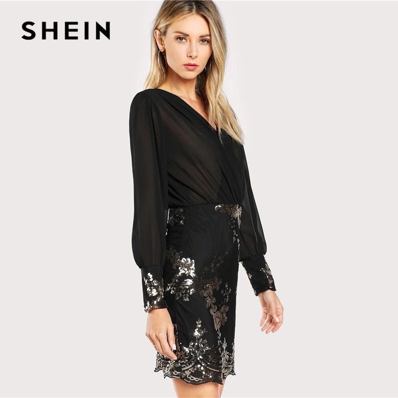 SHEIN Модное Платье Женское Осеннее Черное Элегантное Платье С V-Образным Вырезом И Длинными Рукавами