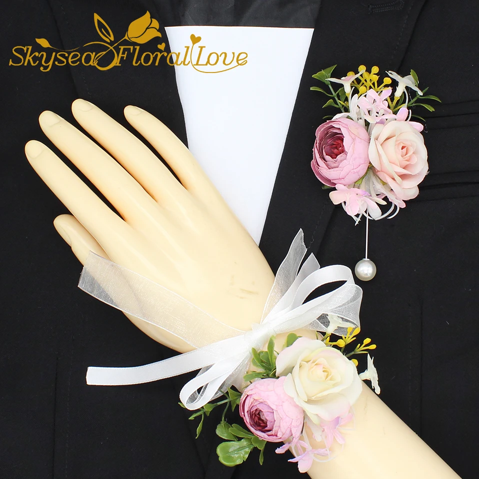 Качественные Свадебные корсажи и бутоньерки шелковые розы бутоньерки на выпускной Длинная лента искусственные цветы на запястье