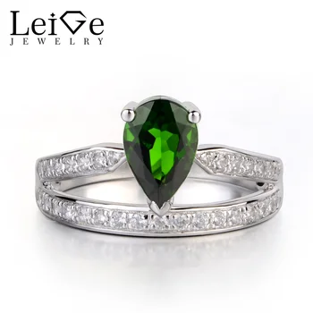 

Leige Jewelry Pear Cut Chrome Diopside Ring Wedding Engagement Rings for Women Sterling Silver 925 Fine Jewelry Green Gemstone