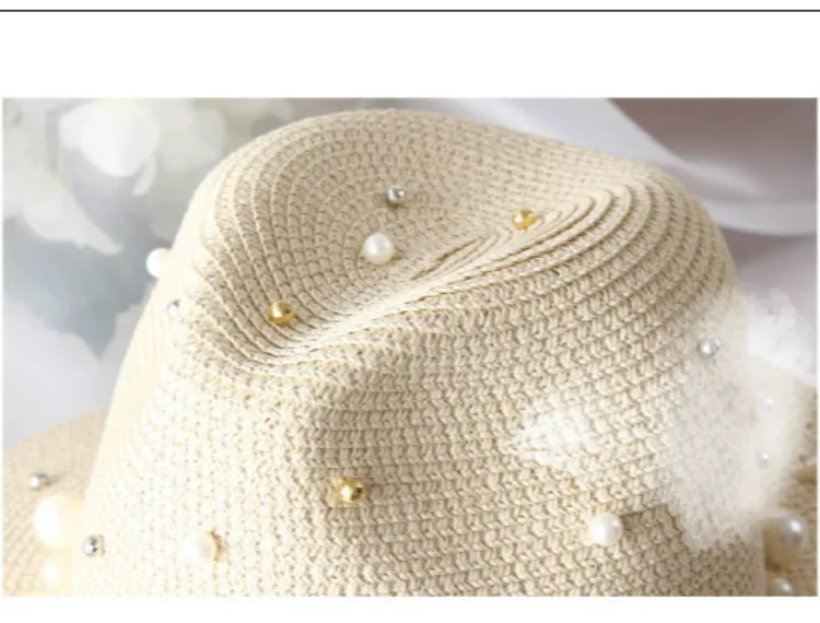Летняя британская жемчужная Бисероплетение плоская шляпа с полями соломенная шляпа затенение от Солнца шляпа леди модная пляжная шляпа