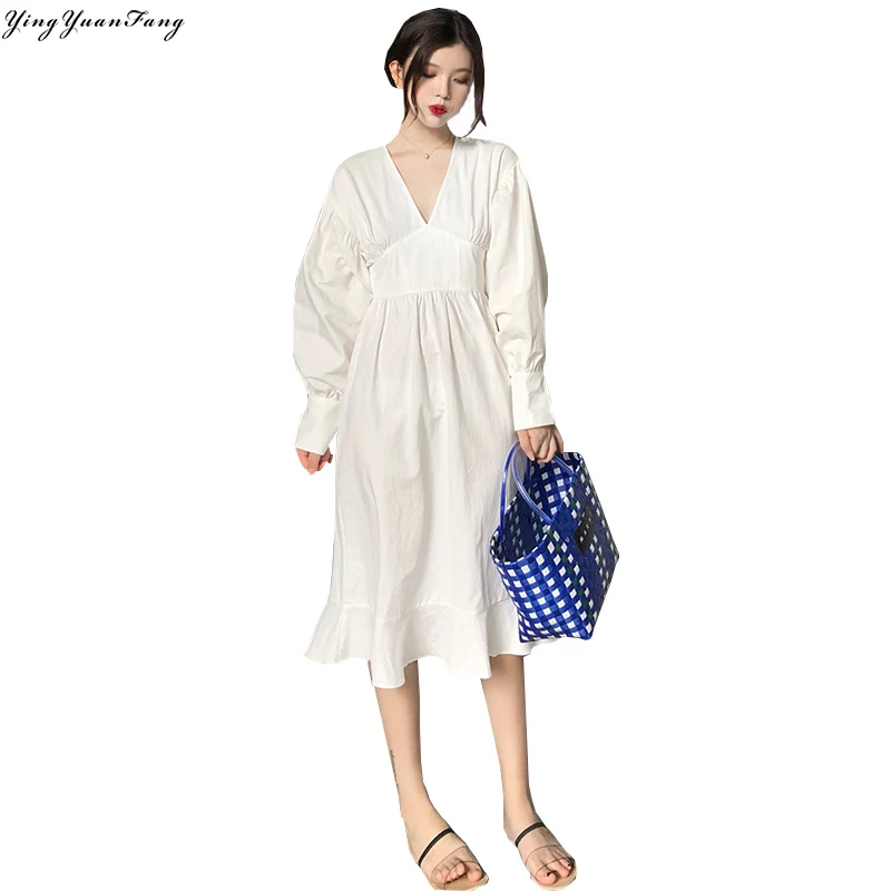 

YingYuanFang Real shot new fashion V-neck Lantern sleeves waist long long super fire dress