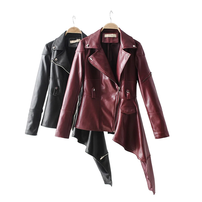 

Women black faux leather jacket female 2018 asymmetrical pu leather coat women-s burgundy moto-biker punk korean style clothes