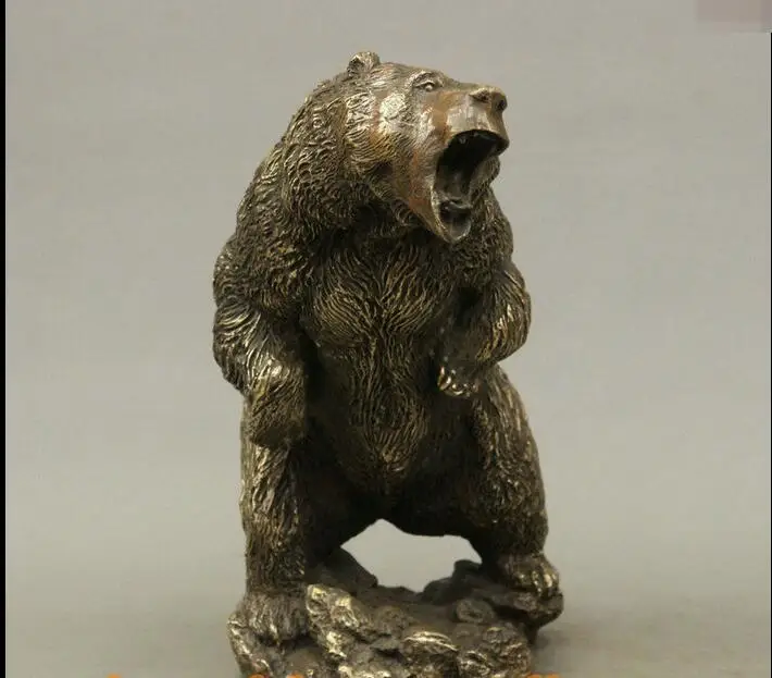 

14" Folk Chinese Copper Animals Stand-up Bear Beast Roar Bronze Statue Sculpture