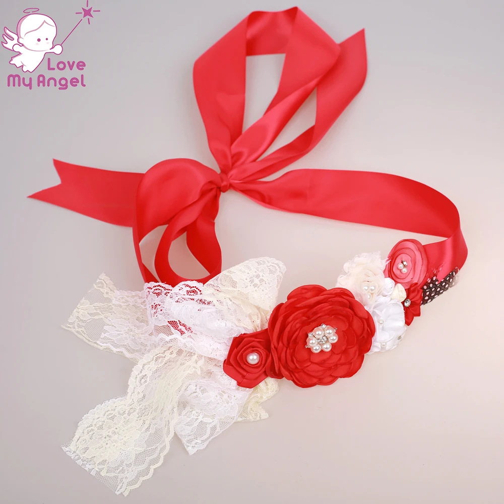 Red rhinestone chiffon satin lace flower girl sash belt Bridal dress