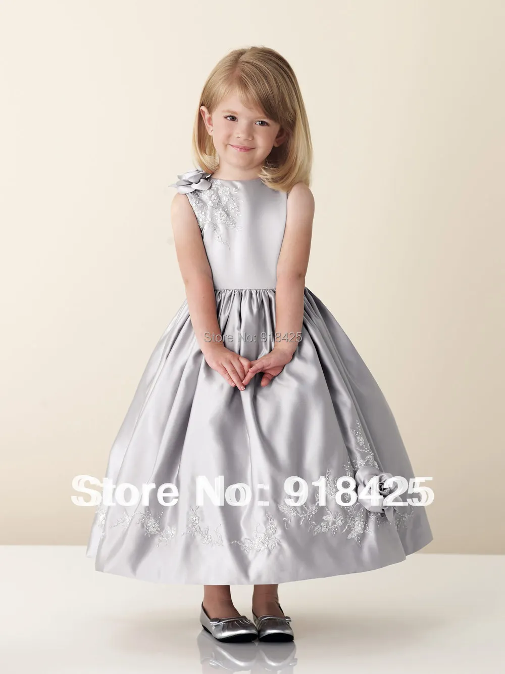 Fashion Ball Gown Flowers Embroidered Silver Grey Satin Little Girls
