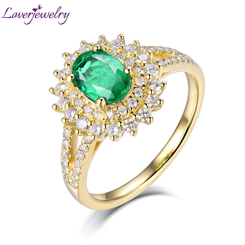 

LOVERJEWELRY Women Emerald Rings Solid 18k Yellow Gold Natural Oval Emerald Gemstone SI Diamonds For Female Engagement Gift Ring