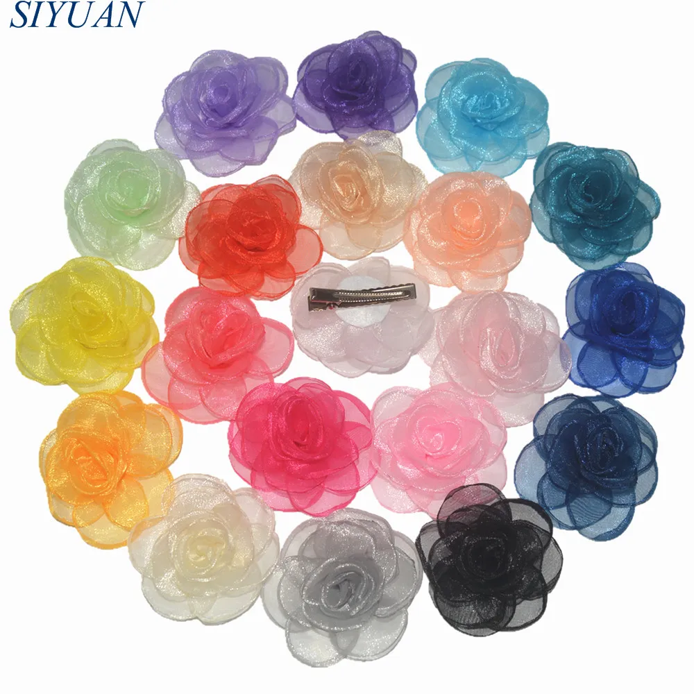 50pcs/lot Transparent Burned Silk Gauze Flower Fabric Floral With Clip