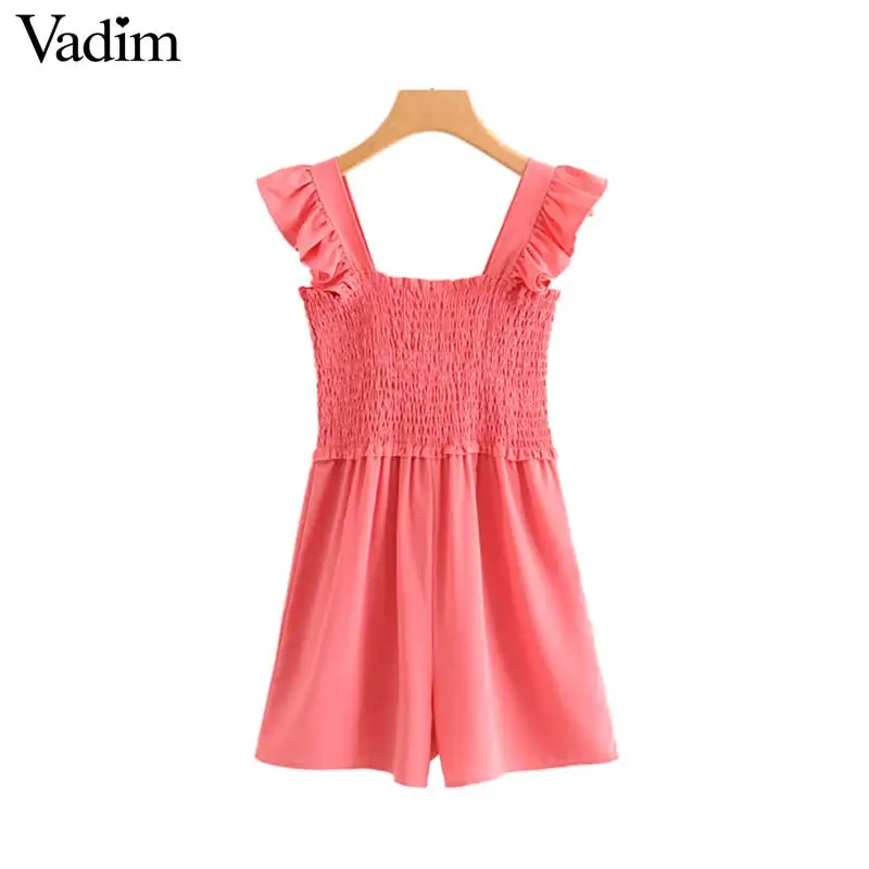 

Vadim women sweet slash neck stretchy backless playsuits sleeveless ruffles decorate pleated female summer wear jumpsuits KA838