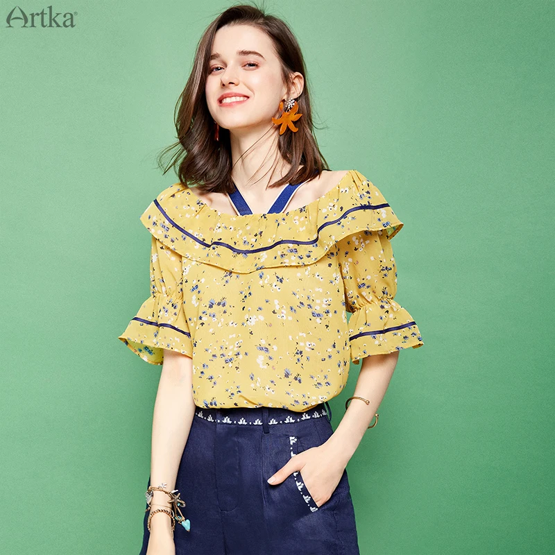 ARTKA 2019 Summer New Women Floral Shirt Printed Chiffon Flare Sleeve Blouse Slash Neck Sling For SA10999X |