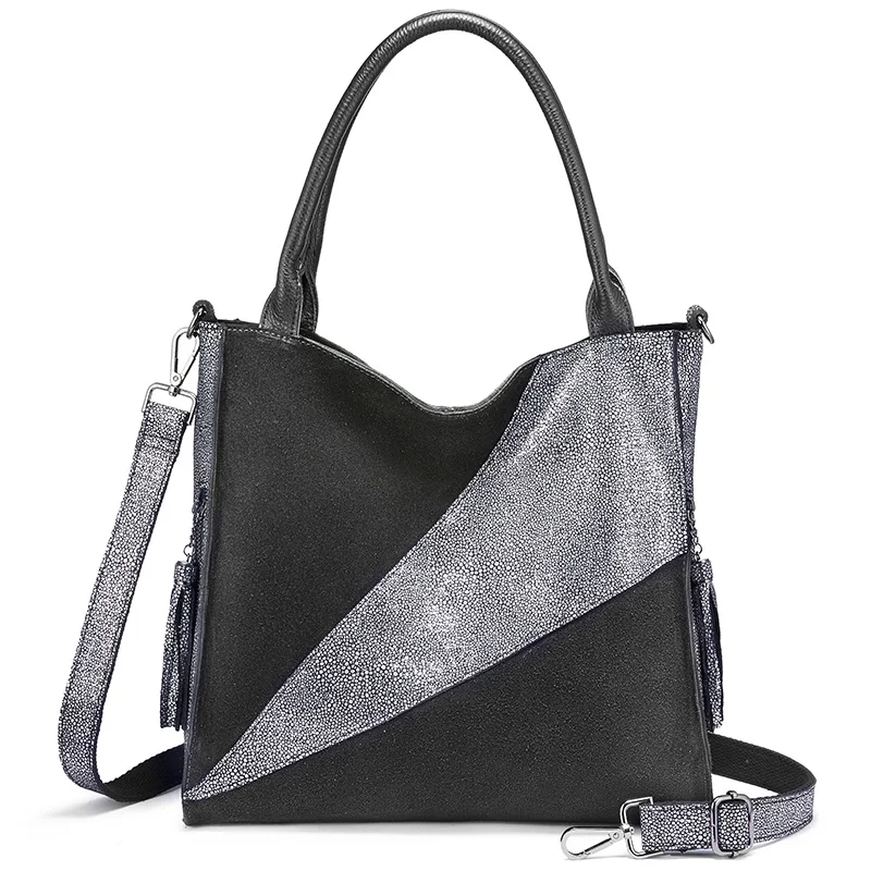 REALER натуральная кожа сумка женская с короткими ручками, большая сумка на ремне для женщин, дизайнерская лоскутная сумка через плечо - Цвет: Серый