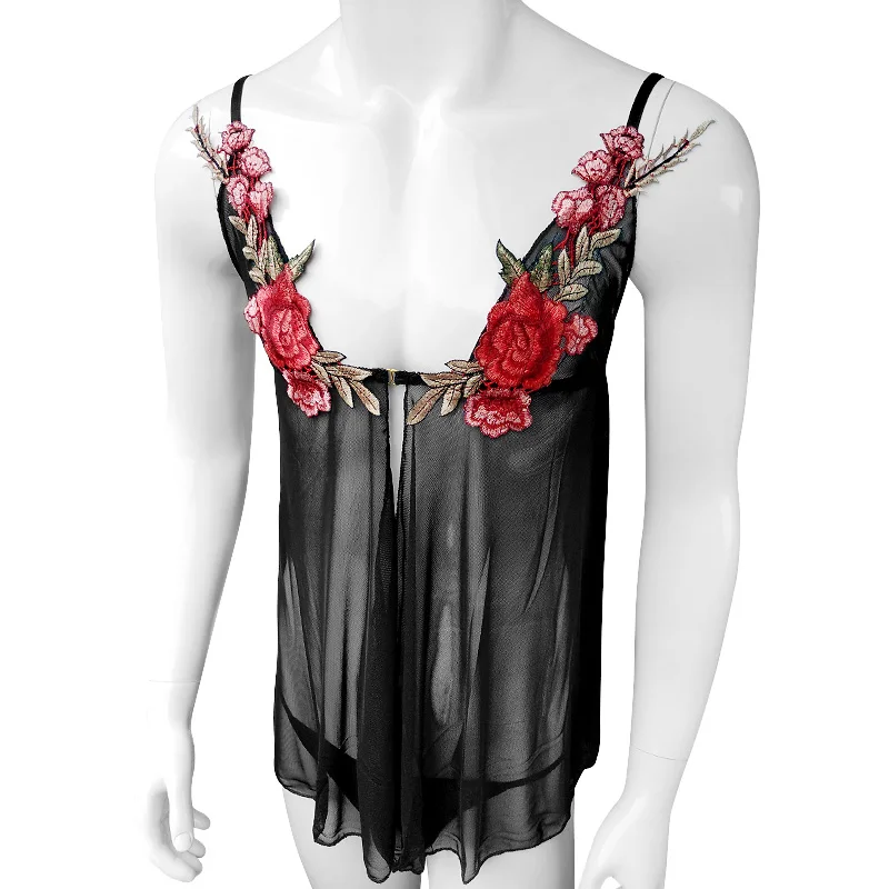 

Sheer Mesh Mens Crossdress Lingerie Set Adjustable Spaghetti Straps See thru Slip Hommes Sissy Garters Mini Dress with Underwear
