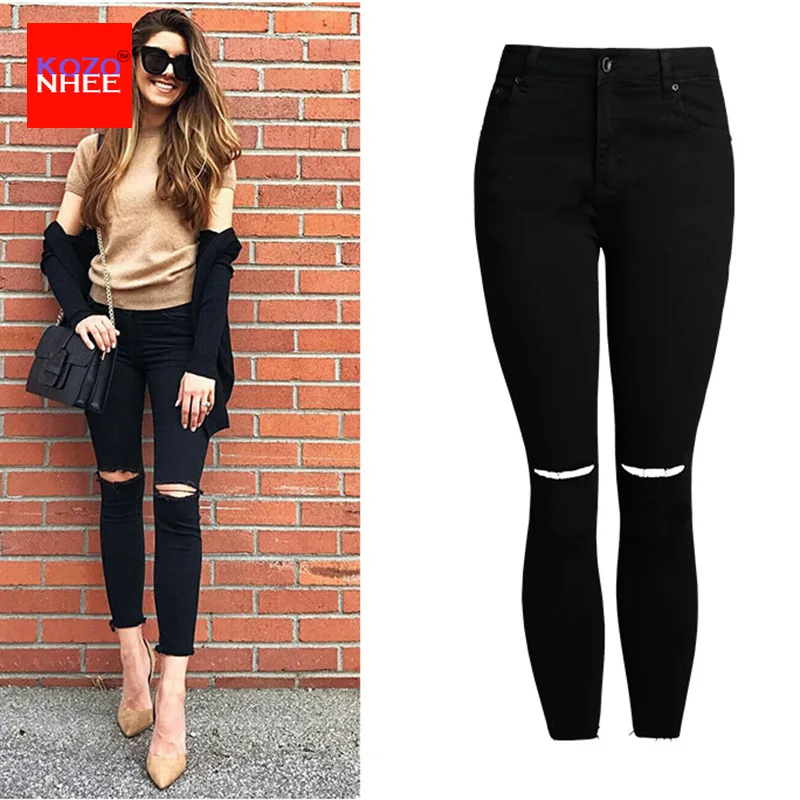 Più il Formato stretching Strappato jeans neri per le donne skinny  pantaloni stretti per le donne i jeans per le donne strappato matite jeans  # AM023|black jeans for women|jeans for womenblack jeans -